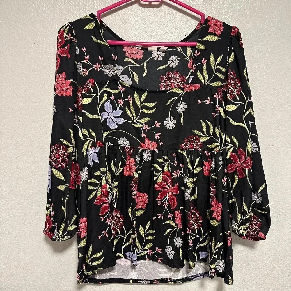 Dolan Anthropologie Square Neck Cherie Floral 3/4 Sleeve Babydoll Top Peasant S